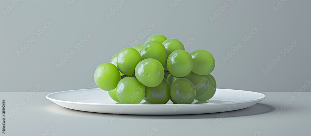 Poster Green grape cake sculpture arranged on a white plate centered against a soft gray background with ample copy space for text placement.