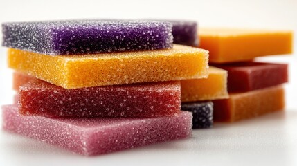 Colorful fruit jellies stacked, studio shot, white background, dessert