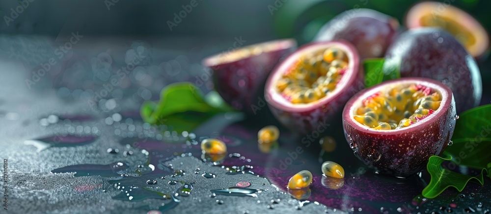 Poster fresh and vibrant passion fruits splashed with water droplets on a dark reflective surface with gree
