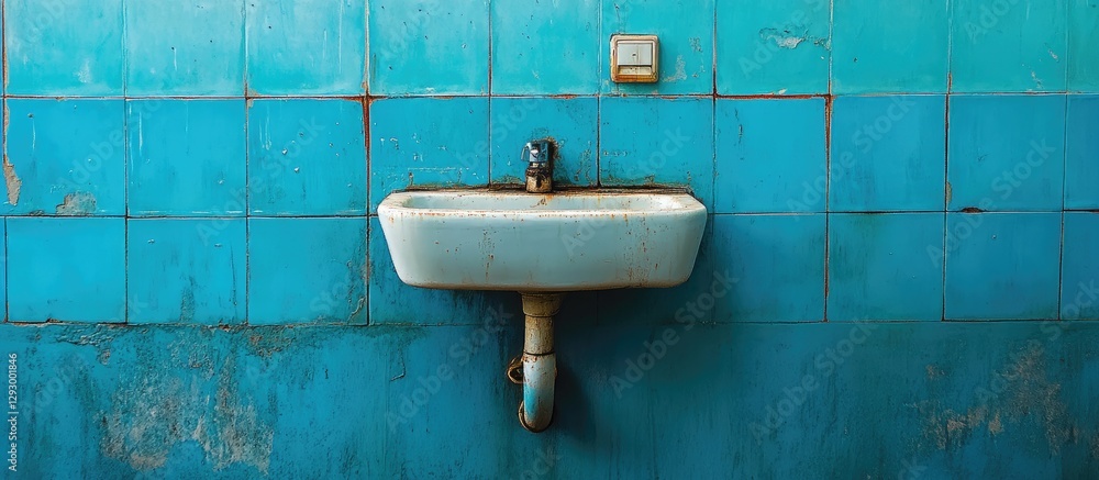 Poster Vintage blue tiled wall with a worn white sink centered below a light switch, creating a retro bathroom atmosphere.