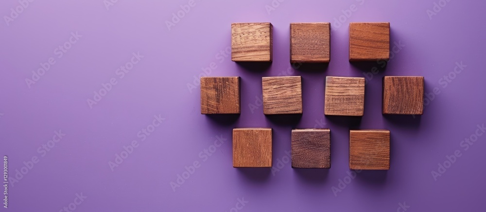 Fototapete wooden cubes arranged in a grid pattern on a vibrant purple background with soft shadows highlightin
