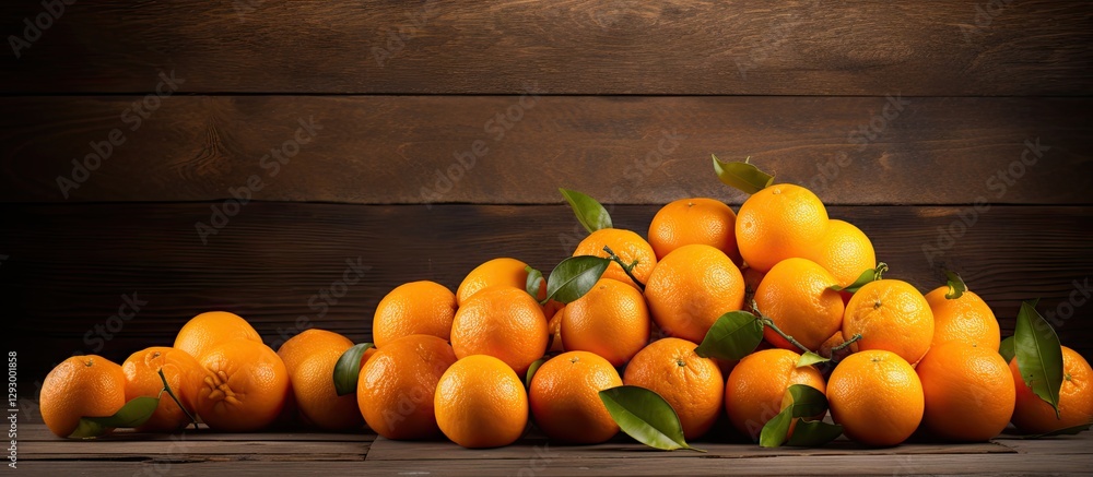 Fototapete vibrant pile of fresh oranges with green leaves on a rustic wooden table against a dark wood backgro