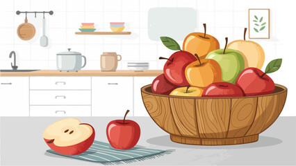 Apples in wicker basket on table in kitchen vector design, Red Apple Illustration vector design