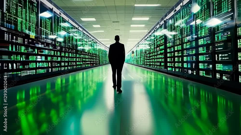 Poster man surrounded by glowing code and digital screens in data room