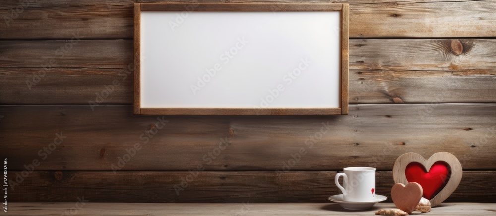 Poster cozy rustic setting featuring a white blank frame on wooden wall with a heart-shaped box, coffee cup