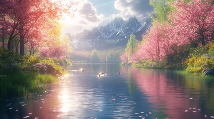 Naklejka premium Ducks swimming in a crystal clear mountain river during spring equinox. Generative ai ilustration