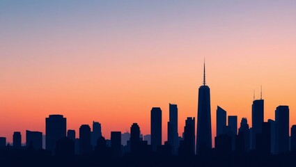 Fototapeta premium Dramatic Cityscape at Dusk with Silhouetted Skyscrapers, Vibrant Sky Gradients, and Minimalistic Urban Details