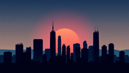 Obraz premium Dramatic Cityscape at Dusk with Silhouetted Skyscrapers, Vibrant Sky Gradients, and Minimalistic Urban Details