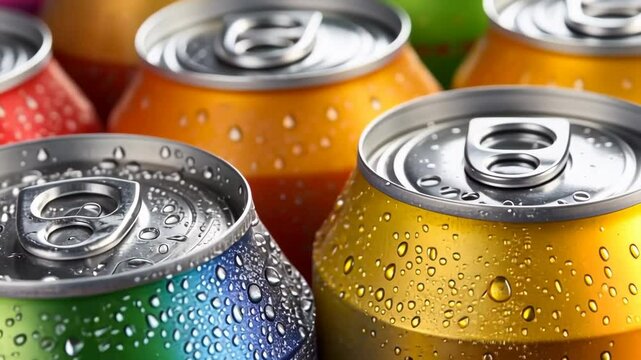 Colorful aluminum cans of soda background. Top view, macro. Recycle metal can with water drops . Beer, carbonated water, cola, energy drinks cans. Recycling concept. Closeup view of many beverage cans