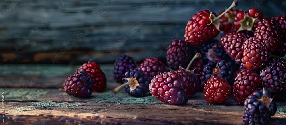 Poster vibrant mulberries in shades of deep purple and red scattered on a textured rustic wooden surface wi