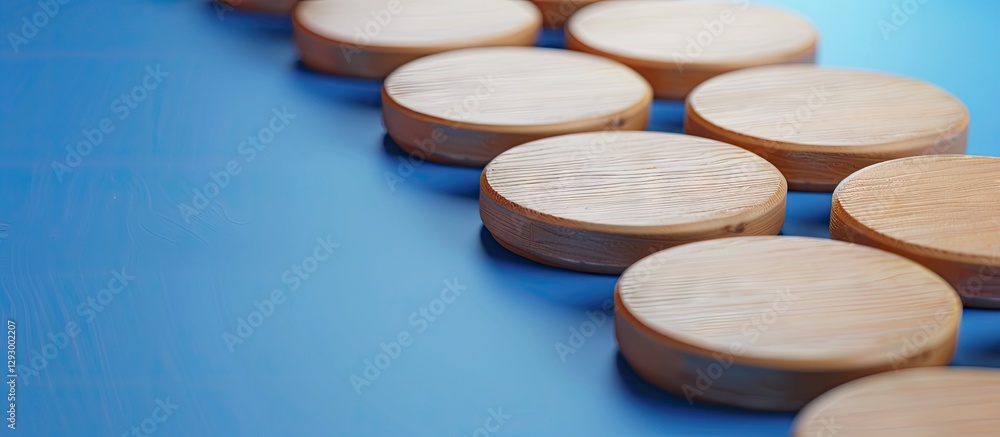 Poster wooden tokens arranged in a line on a blue surface, showcasing a clean, minimalistic design with sof
