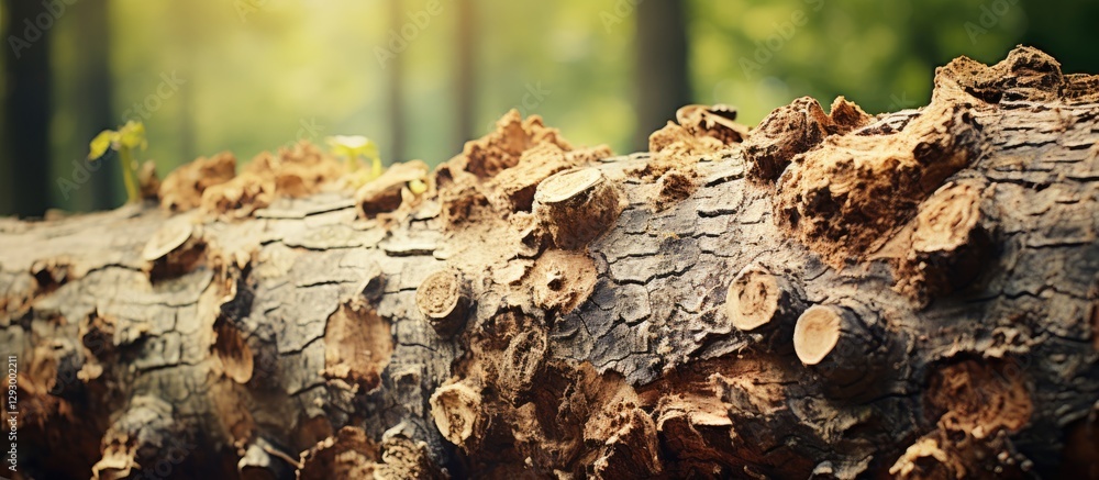 Poster textured tree trunk with large knots in soft forest light, green blurred background, horizontal comp