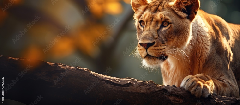 Poster lioness rests on a branch with a blurred bokeh background featuring warm autumn colors and soft ligh