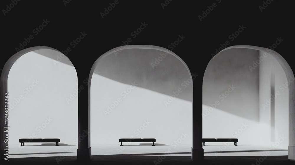 Poster minimalist arches: an architectural composition showcasing three archways with benches under the lig
