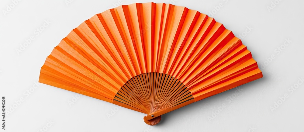 Poster vibrant orange paper fan spread out gracefully on a clean white background highlighting intricate fo
