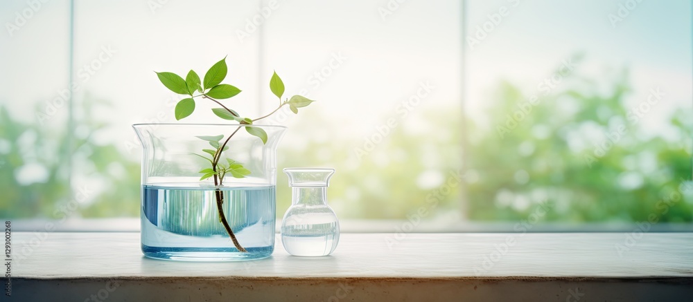 Poster clear glass beaker with water and plant cutting on a wooden table with a soft natural light backgrou