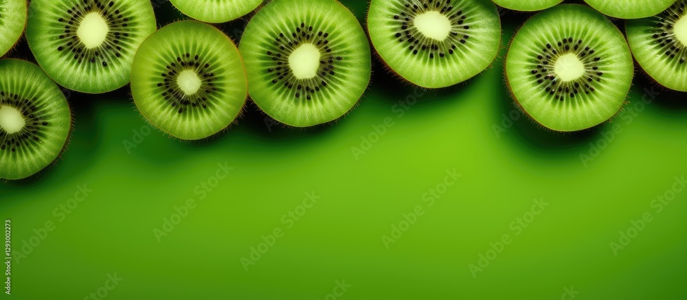Poster artistic arrangement of sliced kiwi fruits displayed against a vibrant green background with ample s