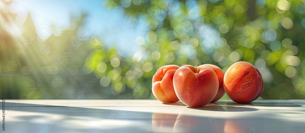 Poster Fresh ripe apricots in soft focus against a blurred green background with sunlight creating a warm, inviting atmosphere in a tranquil setting.
