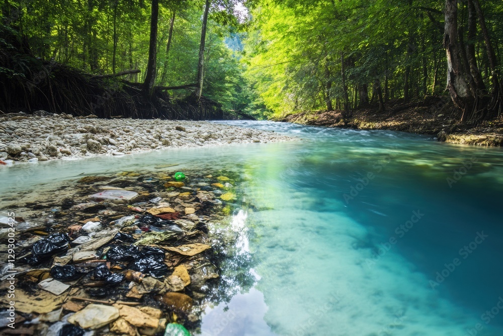 Poster comparison of polluted river filled with trash versus pristine stream with crystal clear water highl