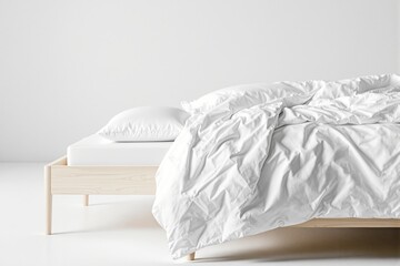 Minimalist bed with white bedding and wooden frame on bright background.