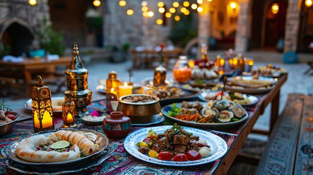 Delicious food for breaking the ramadan fast on a table in the mosque courtyard at evening