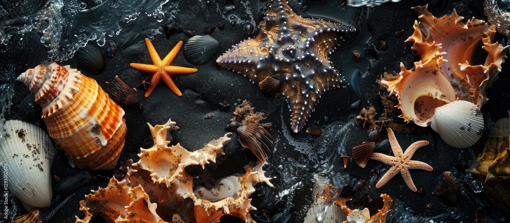 Poster abstract marine scene showcasing seashells and starfish on a dark background with varying shades of 