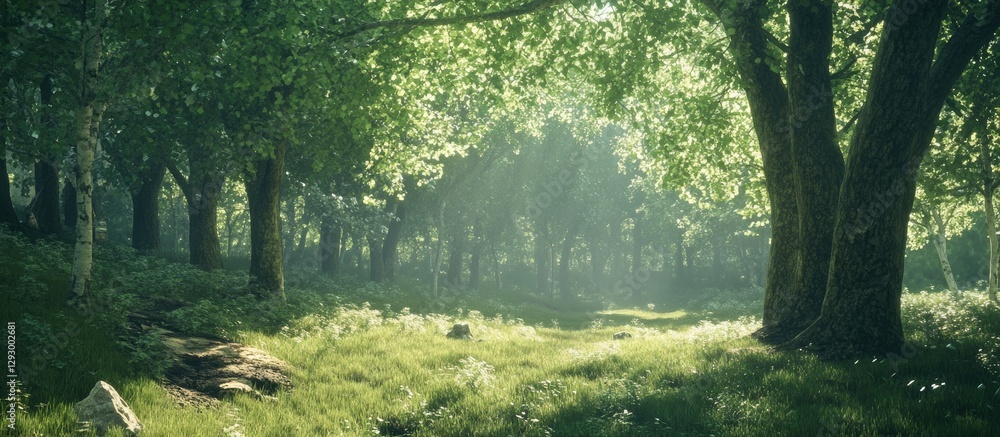 Aufkleber Scenic forest landscape with vibrant green deciduous trees illuminated by soft sunlight filtering through lush foliage in a serene setting