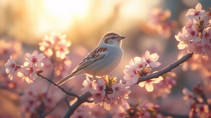 Fototapeta premium Sparrow enjoying spring equinox on blooming cherry tree branch. Generative ai ilustration