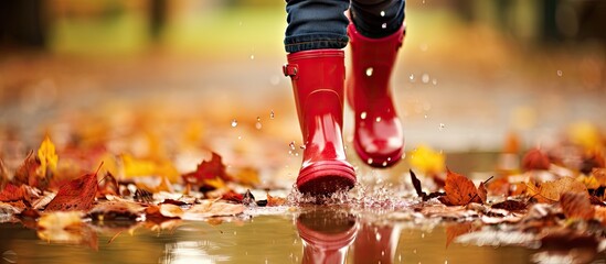 Child's legs in vibrant red rubber boots jumping in autumn puddles surrounded by fallen orange and yellow leaves, with water splashing upward.