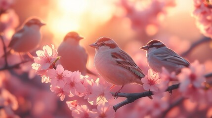 Fototapeta premium Sparrows enjoying cherry blossoms in spring sunlight. Generative ai ilustration