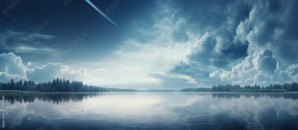 Poster Tranquil small lake landscape with strong waves reflections and dramatic clouds under a soft blue sky during twilight hours in serene nature settings