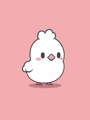 Cute Minimalist Cartoon Chicken Illustration on Pastel Pink Background - Kawaii Flat Design