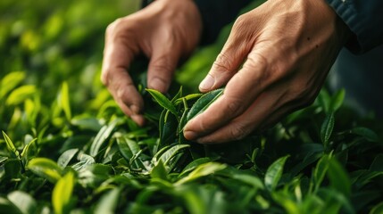 Close-Up of Hands Harvesting Fresh Green Tea Leaves in Garden
