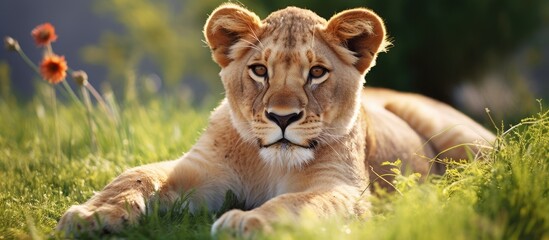 Obraz premium Majestic lioness resting on vibrant green grass surrounded by soft sunlight and orange flowers in a serene natural habitat.