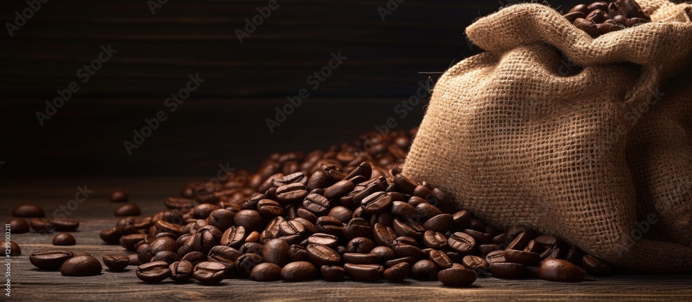 Poster Scattered roasted coffee beans on wooden surface from a burlap bag with warm brown tones and textured fabric creating a rustic ambiance
