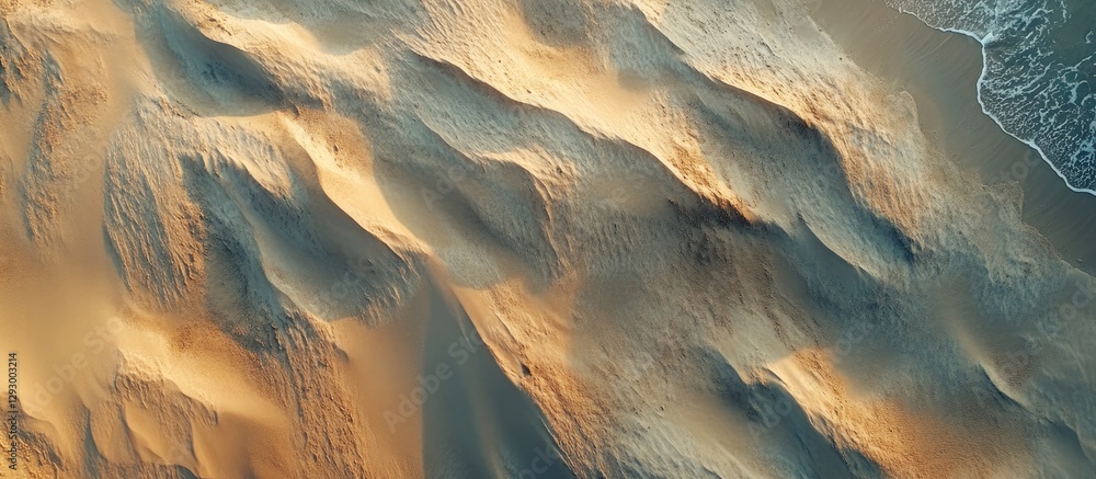 Poster aerial view of textured sandy terrain showcasing warm golden and beige tones with gentle wave patter