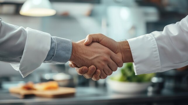 Chef and businessman shake hands in kitchen, finalizing catering partnership and culinary teamwork