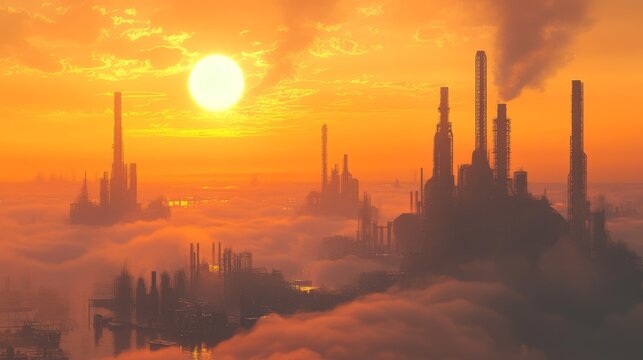 Enchanting sunset over a steampunk industrial city shrouded in mist and clouds with factory outlines