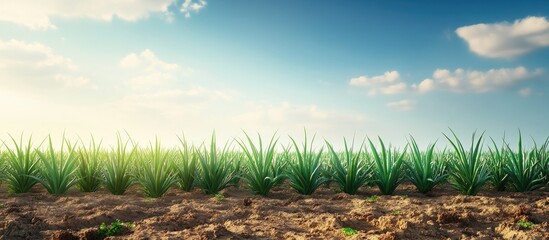 Panoramic view of lush green onion field under bright sky with fluffy clouds and sunlit soil foreground in arid Middle Eastern landscape