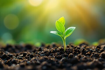 Young green sprout growing in fertile soil under warm sunlight.