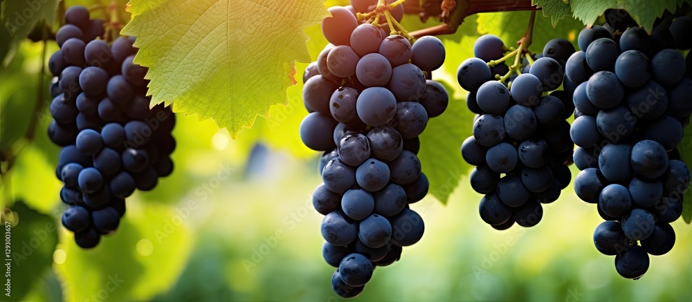 Aufkleber Close-up of large black grapes hanging in clusters against a soft green leafy background with warm sunlight illuminating the scene.