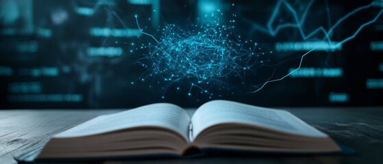 open book with glowing data connections symbolizes AI in education, merging knowledge and technology