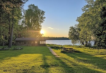 Fototapeta premium Lakeside Sunset Haven: Golden Light on the Woodland Cottage