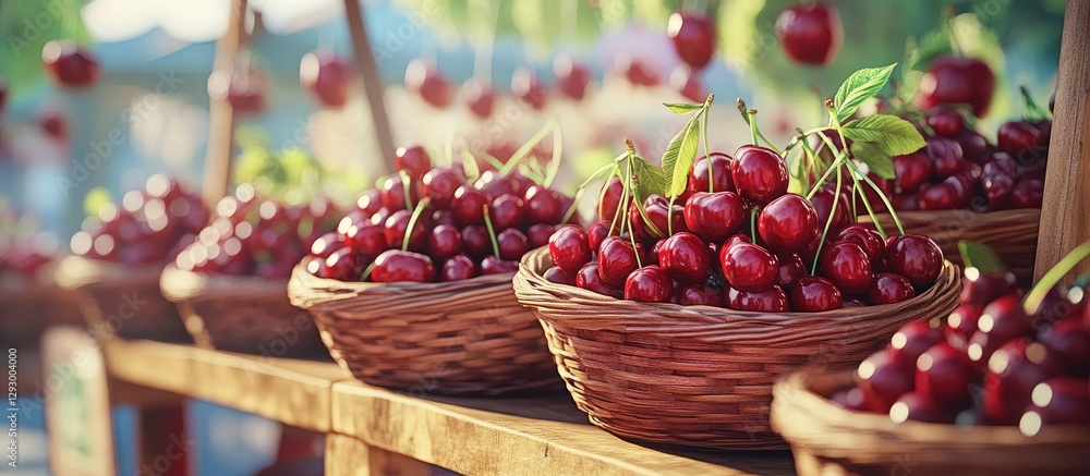 Poster Fresh ripe cherries in wooden baskets arranged on a rustic table under soft sunlight with blurred green background creating a vibrant market scene.