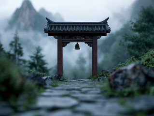 serene landscape featuring traditional gate with bell, surrounded by misty mountains and lush greenery, evokes tranquility and peace