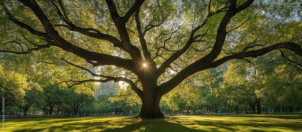 Fototapete majestic expansive tree with intricate branches silhouetted against bright sunlight in a lush green 