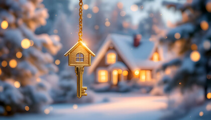Golden key with house-shaped pendant symbolizing homeownership, real estate investment, dream home, mortgage loan, winter property sale, and holiday home buying concept