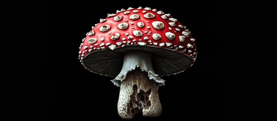 Fototapeta premium Bright red fly agaric mushroom with white spots centrally positioned against a stark black background, highlighting its toxic features and uniqueness.