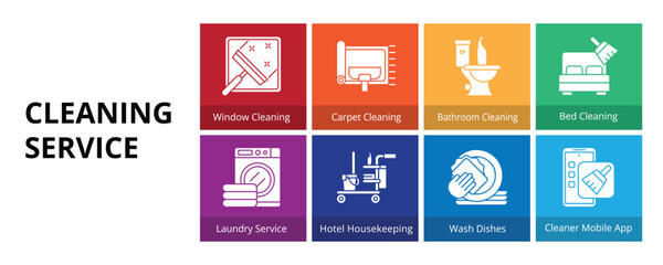 Cleaning Service Glyph Solid Banner Web Icon Set Vector Illustration, Window Cleaning Carpet Bathroom Bed Laundry Service Hotel Housekeeping Wash Dishes Cleaner Mobile App