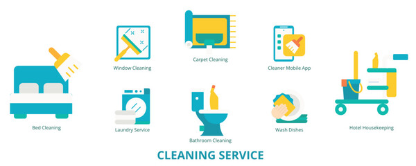 Cleaning Service Flat Banner Web Icon Set Vector Illustration, Window Cleaning Carpet Bathroom Bed Laundry Service Hotel Housekeeping Wash Dishes Cleaner Mobile App